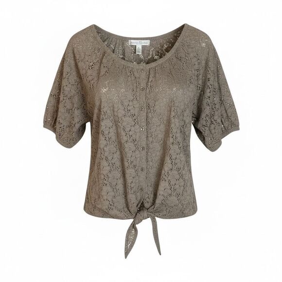French Laundry Floral Lace Tie Front Button Front Short Sleeve Top Taupe Size 1X - Picture 1 of 9